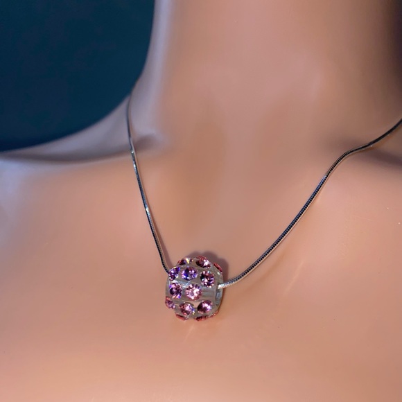 Pink Acrylic pendant necklace with sterling silver chain, genuine crystals - Picture 5 of 9